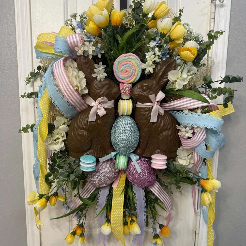 Spring Easter Wreath with Chocolate Bunnies